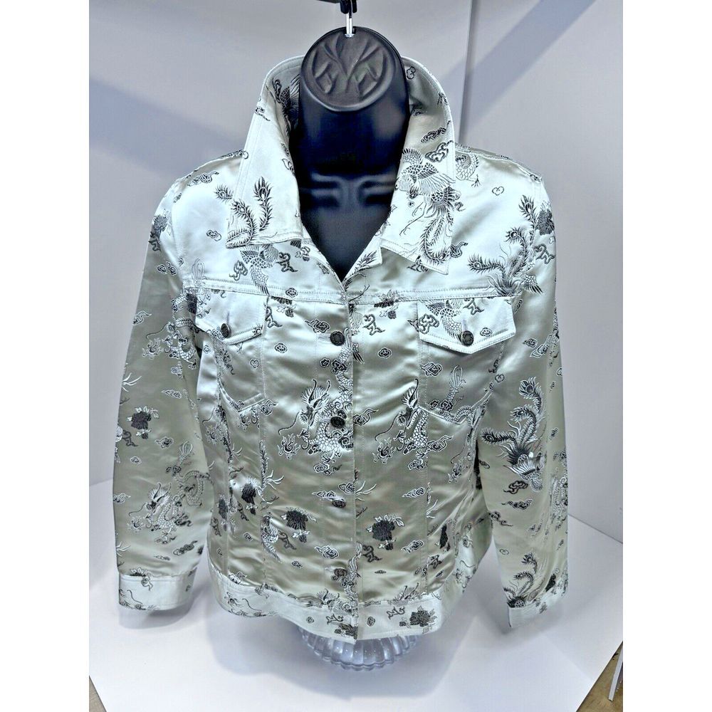 Savion‎ Satin Jacket Women Petite L Silver Black Dragon Embroidery LS